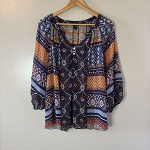 New Directions Womens Blouse Aztec Floral Blue Orange Semi Sheer Top Sz XL